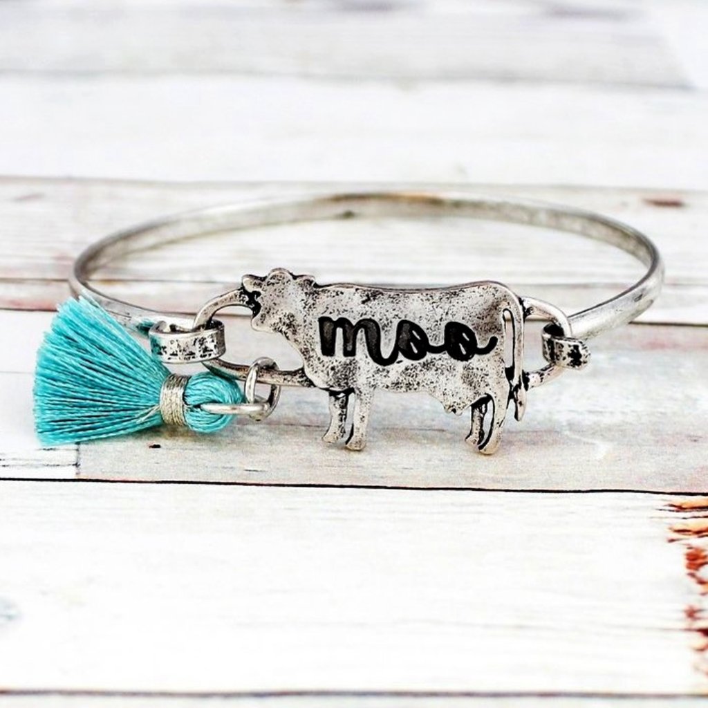 Bangle Bracelet Cow Moo Weathered Silver Turquoise Tassel Nwt 10$